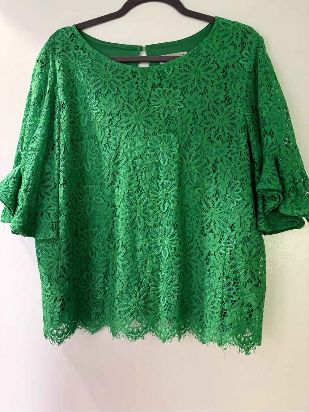 Nanette Lepore Emerald Green Floral Lace Flutter-Sleeve Blouse
